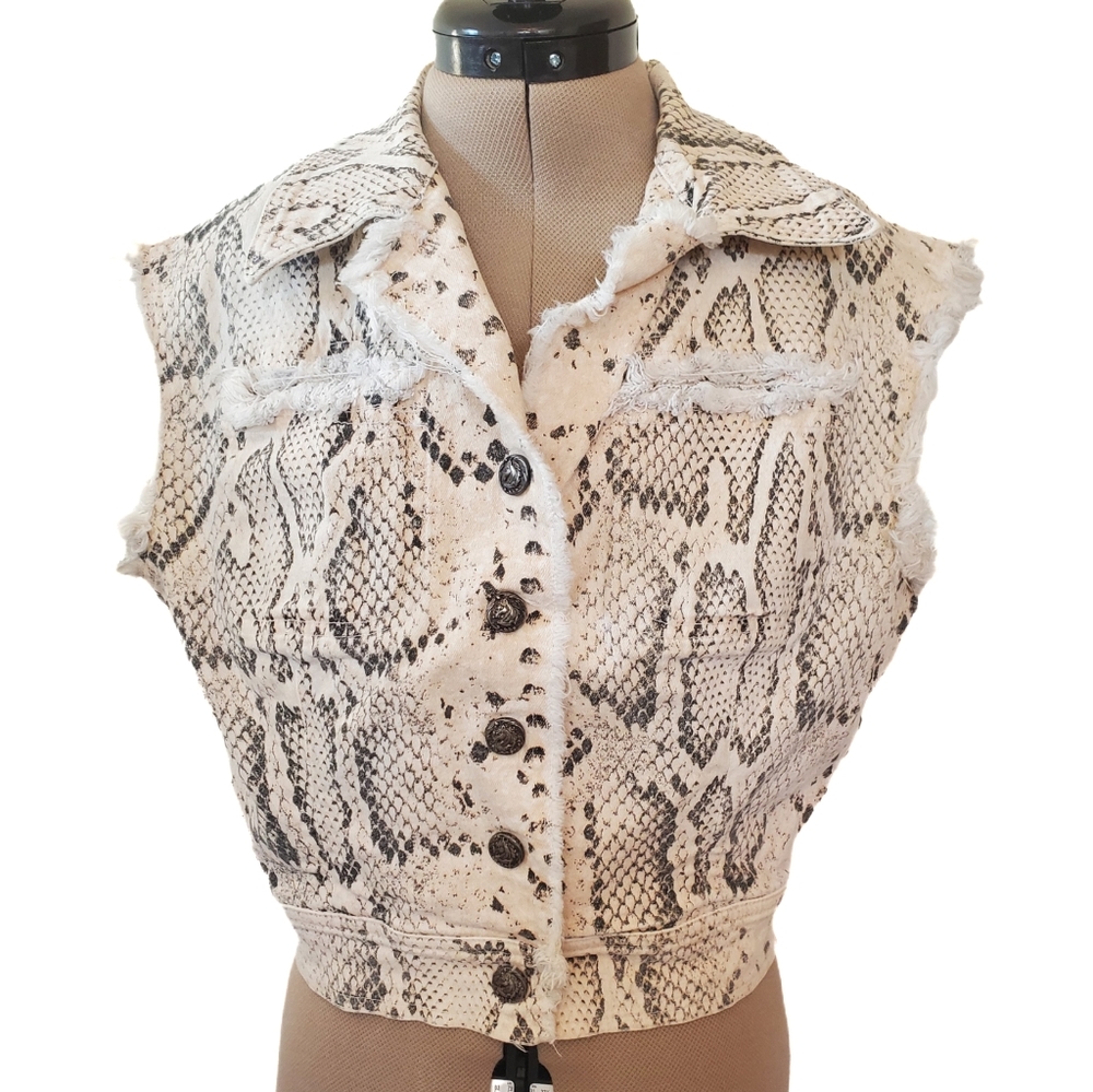 Vintage Roberto Cavalli Snakeskin Printed Denim Cropped Vest Small
